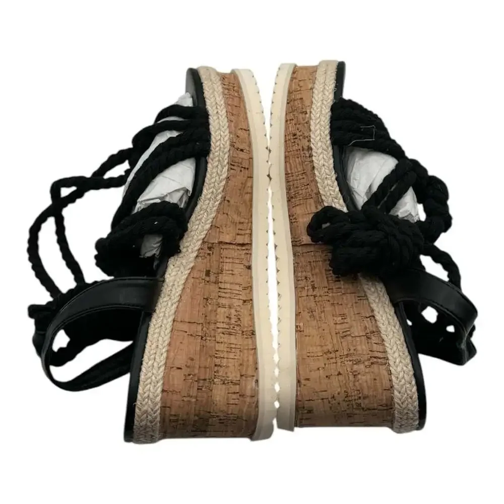 PrettyLittleThing Black Tie-up Round Toe Espadrille Wedge Heeled Sandals Size 5